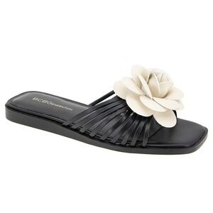 NIB BCBGGeneration Masha Black Flower Applique Slide Sandals Women's 7.5M